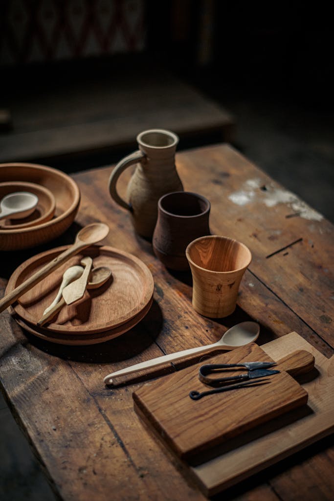 A collection of rustic wooden kitchen utensils on a wooden table, showcasing simplicity and natural elegance.